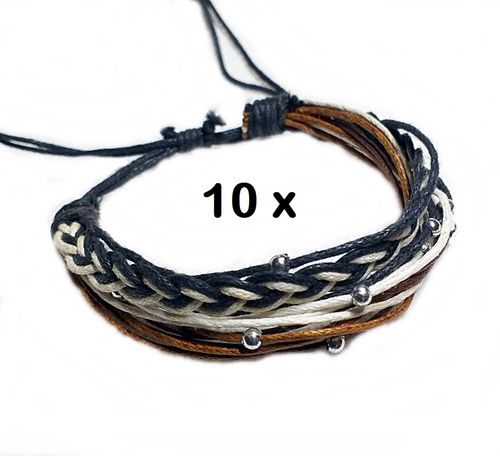 10 x Armband Textil mit Silberperlen braun schwarz
